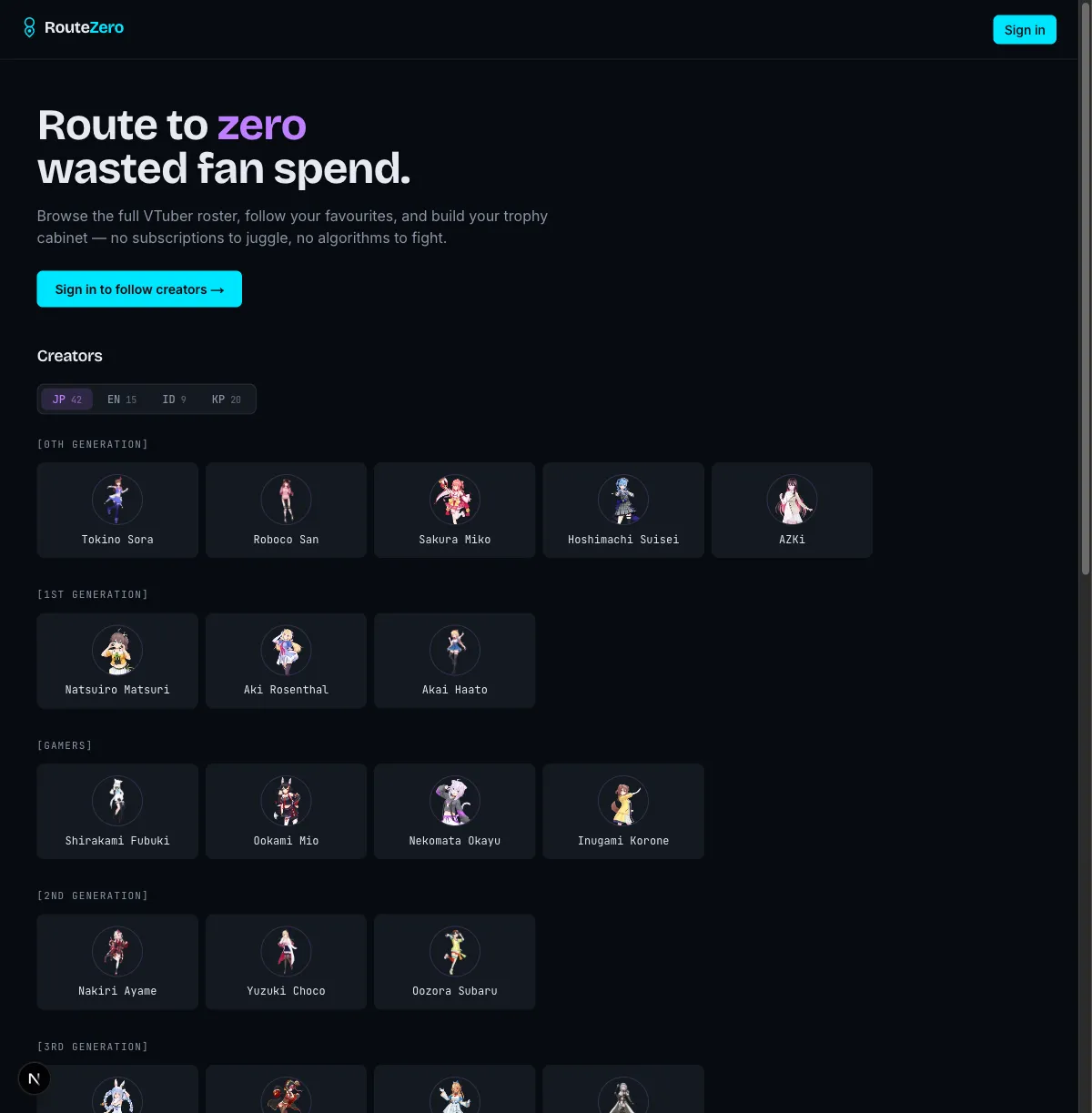 RouteZero landing page showing the headline above the full creator roster grid, with tabs for each region.
