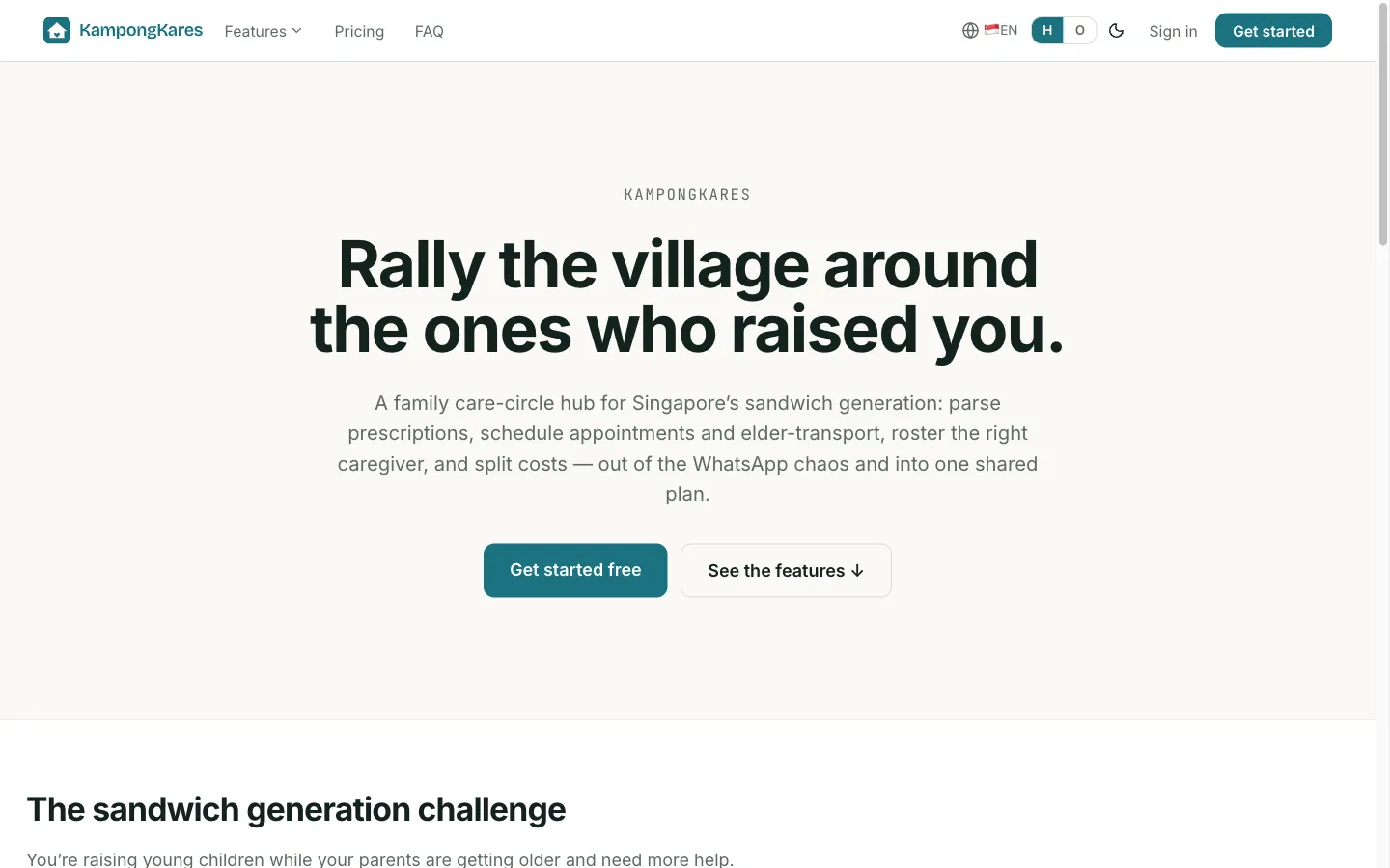 KampongKares landing page hero: "Rally the village around the ones who raised you." A care-circle hub for Singapore's sandwich generation.