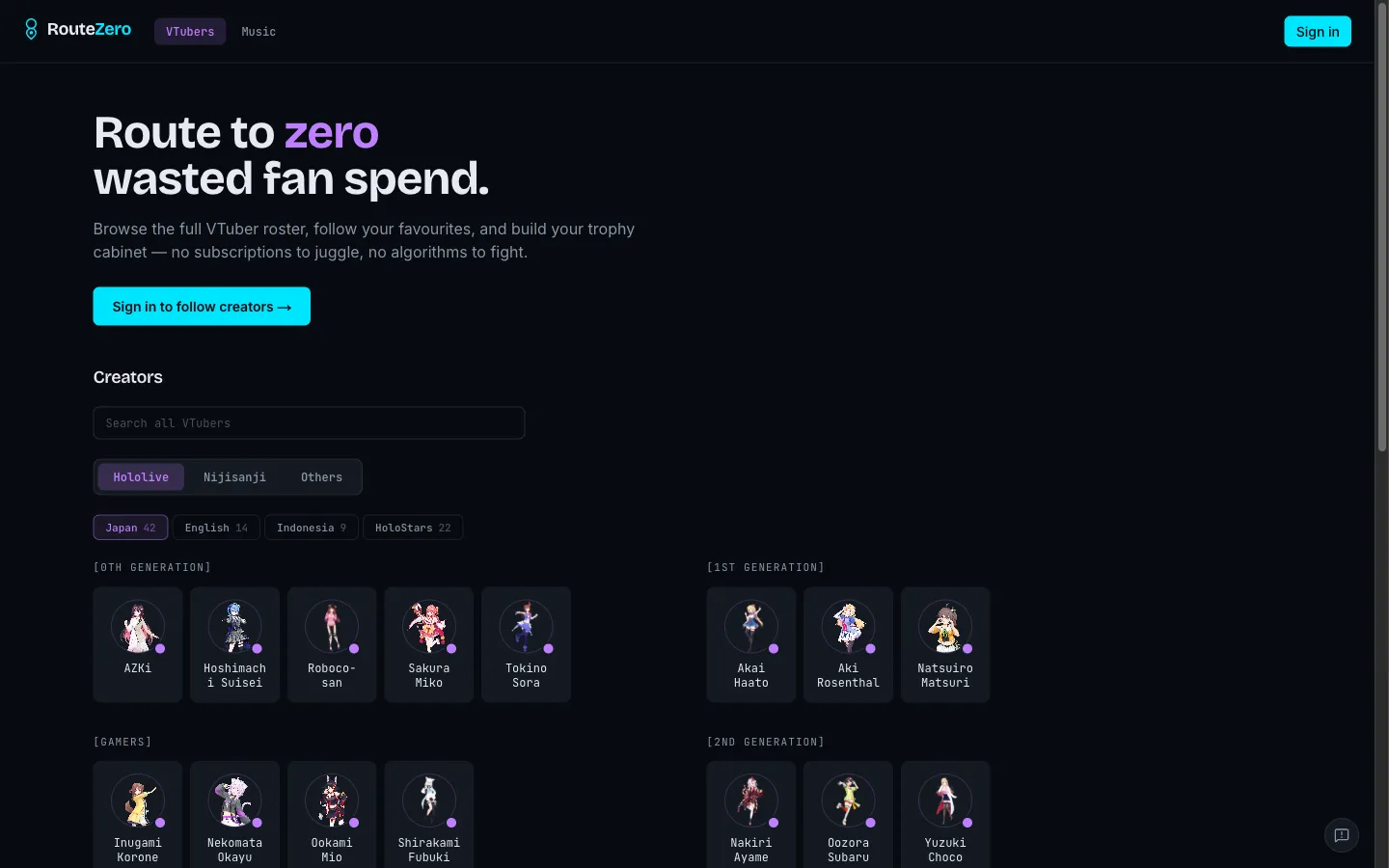 RouteZero landing page showing the headline above the full creator roster grid, with tabs for each region.