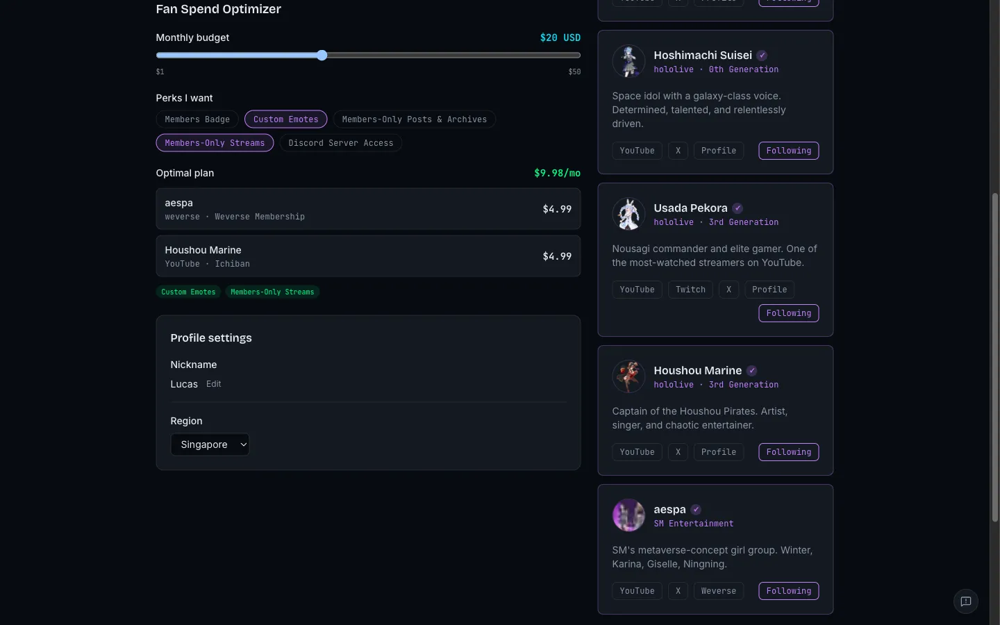 The Fan Spend Optimizer with a budget slider, selected perks, and a recommended membership plan.