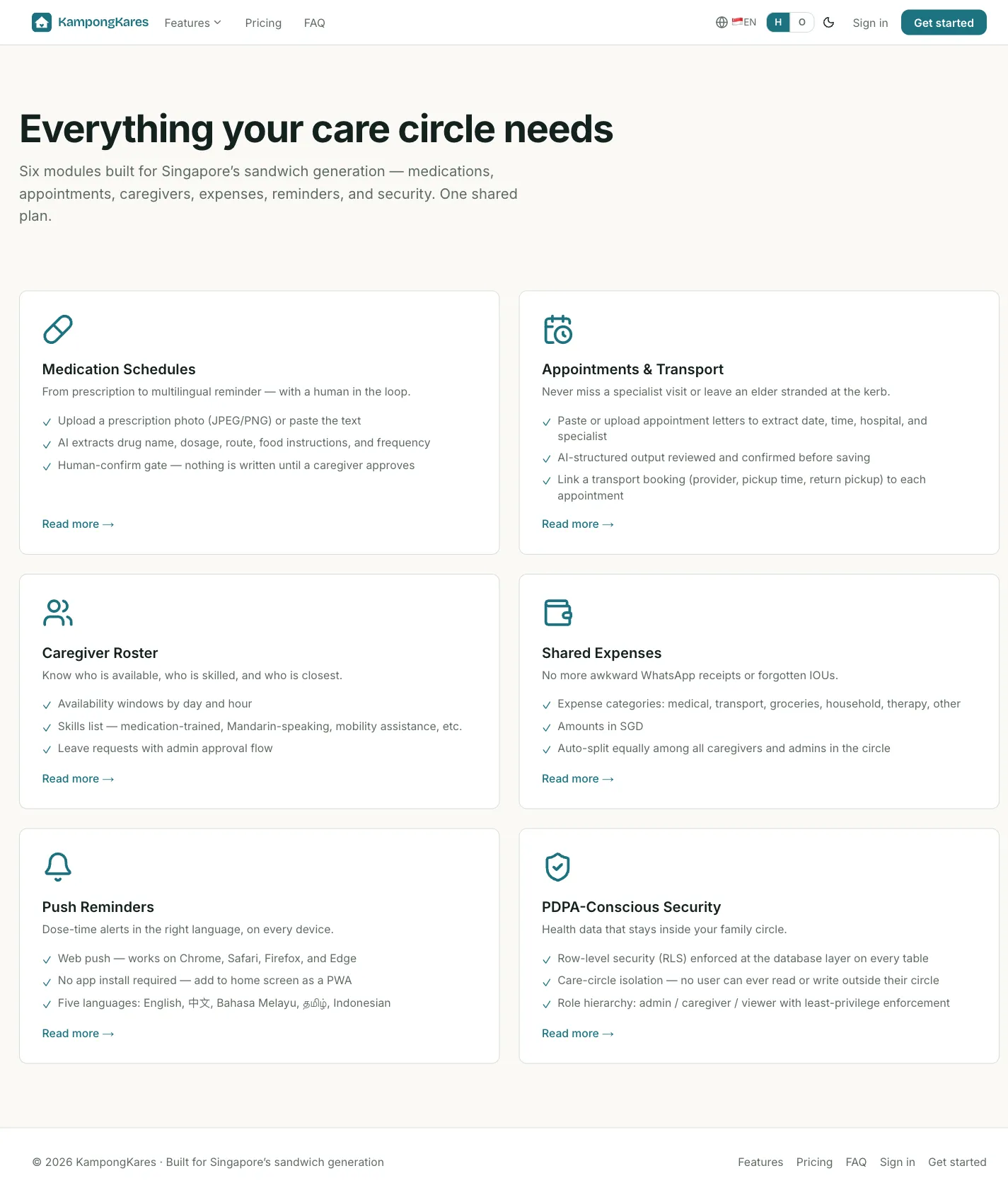 KampongKares features page listing the six care modules: Medication Schedules, Appointments & Transport, Caregiver Roster, Shared Expenses, Push Reminders, and PDPA-Conscious Security.