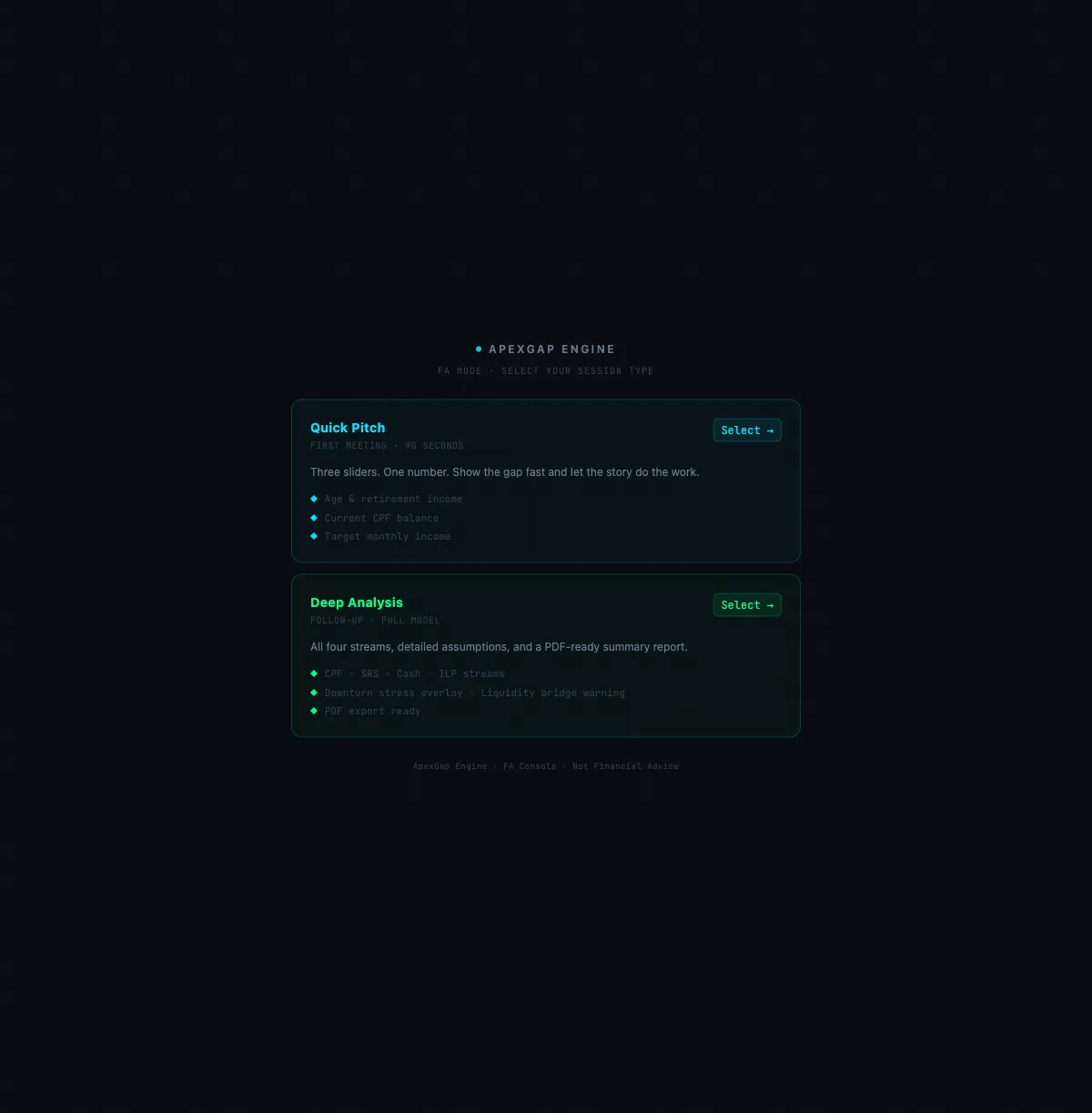 Session mode selector offering Quick Pitch for a first meeting and Deep Analysis for the follow-up.